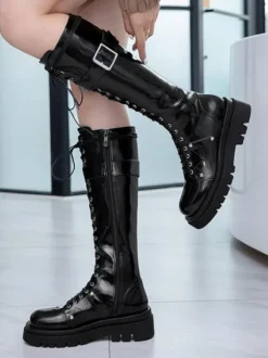 Bottes au Genou Noir Bout Rond Bretelles Réglables Flatforms Quotidien Décontracté Bottes pour Femmes