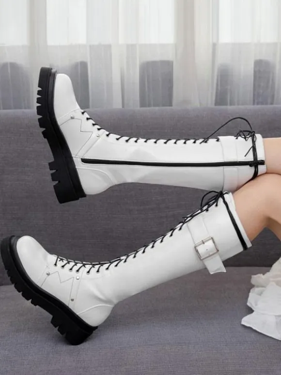 Bottes au Genou Noir Bout Rond Bretelles Réglables Flatforms Quotidien Décontracté Bottes pour Femmes