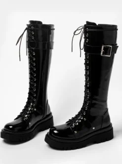 Bottes au Genou Noir Bout Rond Bretelles Réglables Flatforms Quotidien Décontracté Bottes pour Femmes