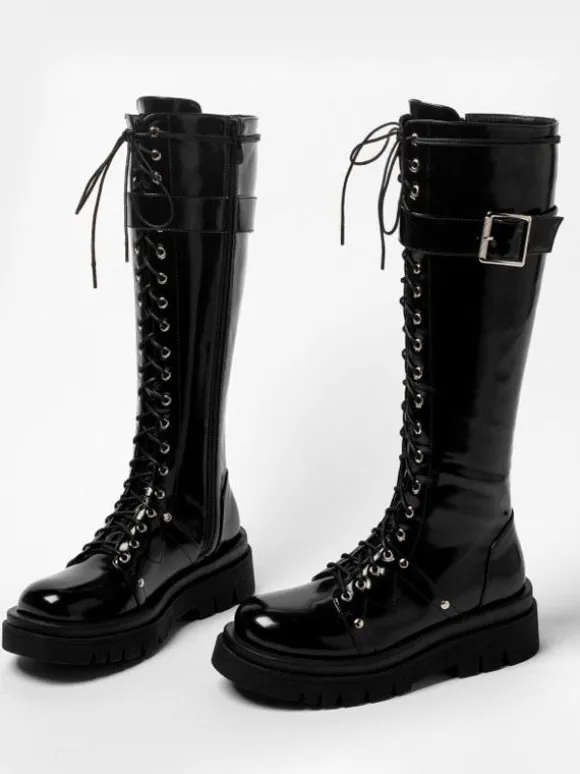 Bottes au Genou Noir Bout Rond Bretelles Réglables Flatforms Quotidien Décontracté Bottes pour Femmes
