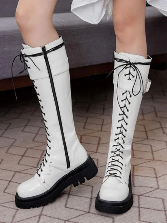 Bottes au Genou Noir Bout Rond Bretelles Réglables Flatforms Quotidien Décontracté Bottes pour Femmes
