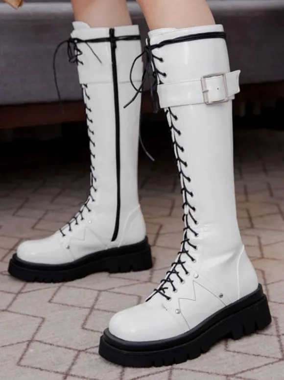 Bottes au Genou Noir Bout Rond Bretelles Réglables Flatforms Quotidien Décontracté Bottes pour Femmes
