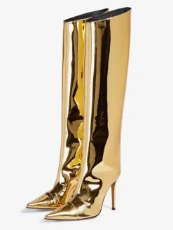 Bottes au genou pour femmes métalliques à bout pointu et talon aiguille bottes au genou