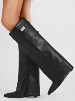 Bottes au genou pour femmes en cuir PU avec détails en métal Bottes hautes au genou