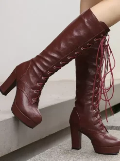 Bottes au genou pour femmes en cuir PU à talons épais Bottes hautes au genou