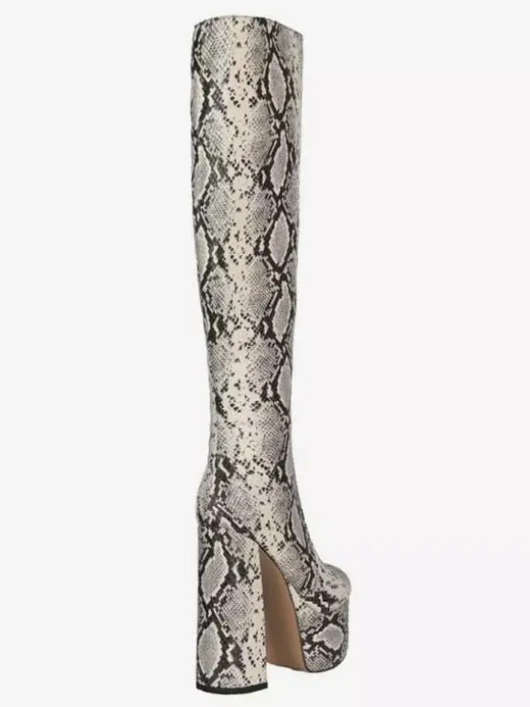 Bottes au genou Python bout rond imprimé serpent talon épais bottes au genou pour les femmes