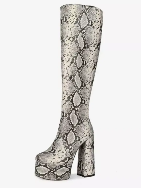Bottes au genou Python bout rond imprimé serpent talon épais bottes au genou pour les femmes