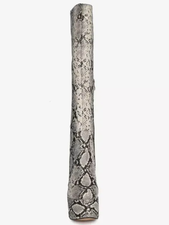 Bottes au genou Python bout rond imprimé serpent talon épais bottes au genou pour les femmes