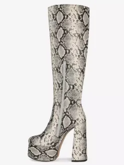 Bottes au genou Python bout rond imprimé serpent talon épais bottes au genou pour les femmes