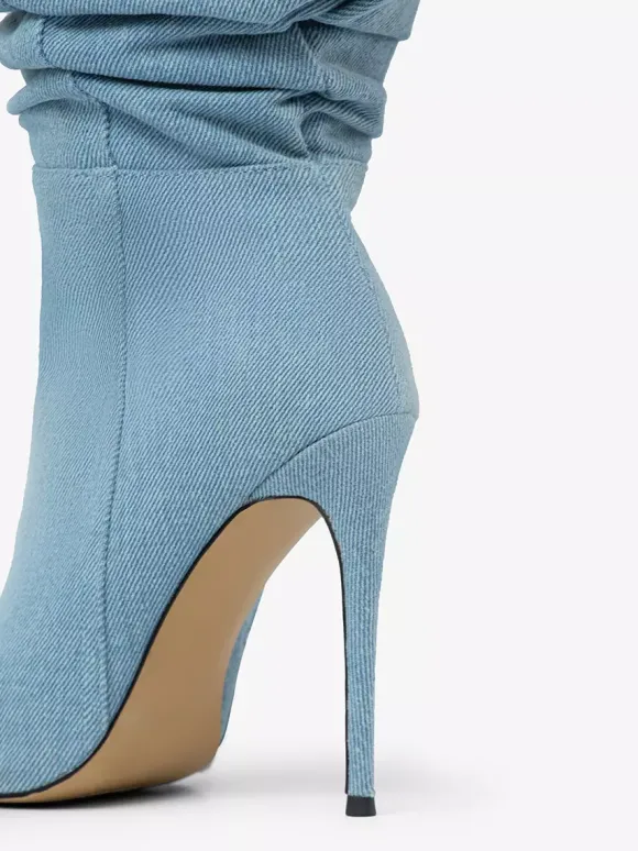 Bottes au-dessus du genou bottes hautes en denim bleu à bout pointu et à talons hauts