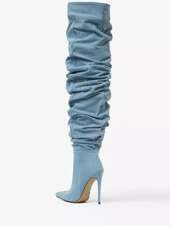 Bottes au-dessus du genou bottes hautes en denim bleu à bout pointu et à talons hauts