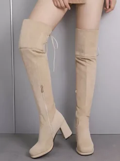 Bottes au-dessus du genou en micro-suède marron pour femmes bottes hautes à bout rond et talon épais