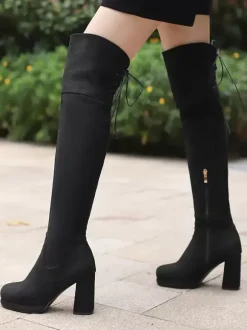 Bottes au-dessus du genou en micro-suède marron pour femmes bottes hautes à bout rond et talon épais