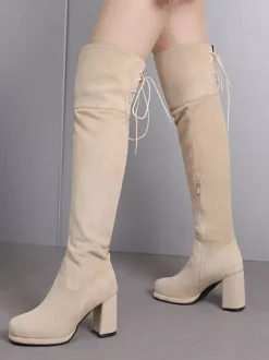 Bottes au-dessus du genou en micro-suède marron pour femmes bottes hautes à bout rond et talon épais