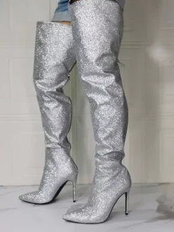 Bottes au-dessus du genou pour femmes  bottes hautes en tissu à paillettes et talon aiguille