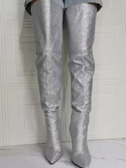 Bottes au-dessus du genou pour femmes  bottes hautes en tissu à paillettes et talon aiguille