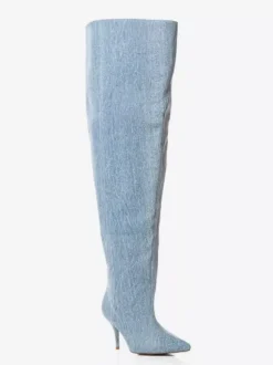 Bottes au-dessus du genou pour femmes bottes en jean à bout pointu mollet large cuissardes hautes