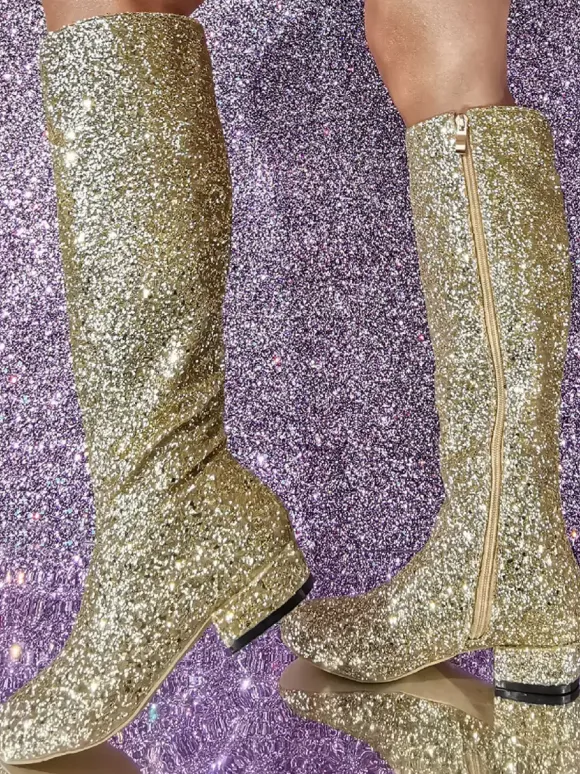 Bottes Aux Genoux En Tissu À Paillettes Pour Femmes Talon Carrée Talon Bas