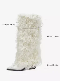 Bottes blanches hautes à bout pointu et talon épais en fausse fourrure pour femmes