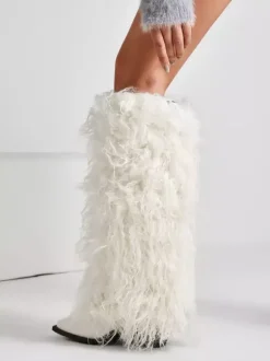 Bottes blanches hautes à bout pointu et talon épais en fausse fourrure pour femmes