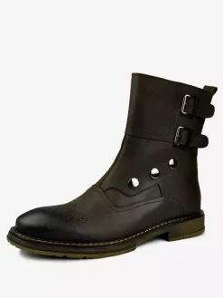 Bottes Chelsea Chaussures Hommes En Cuir De Vache Marron Foncé Boucle À Bout Rond