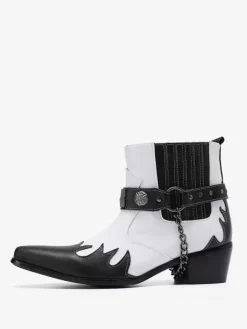 Bottes Chelsea pour hommes en cuir de vachette blanc à bout carré avec chaînes et cheville