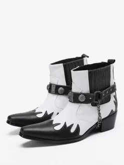 Bottes Chelsea pour hommes en cuir de vachette blanc à bout carré avec chaînes et cheville