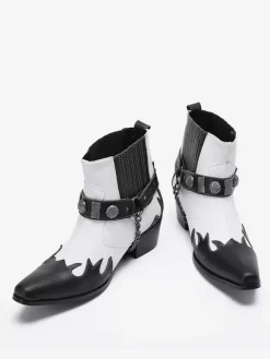 Bottes Chelsea pour hommes en cuir de vachette blanc à bout carré avec chaînes et cheville