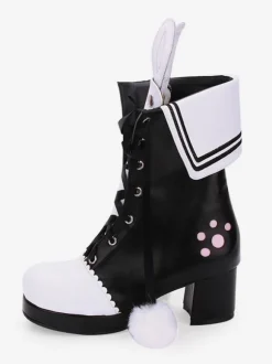 Bottes classiques lolita chaussures lolita pom pom lapin oreille deux tons talon chunky Déguisements Halloween