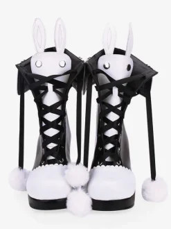 Bottes classiques lolita chaussures lolita pom pom lapin oreille deux tons talon chunky Déguisements Halloween