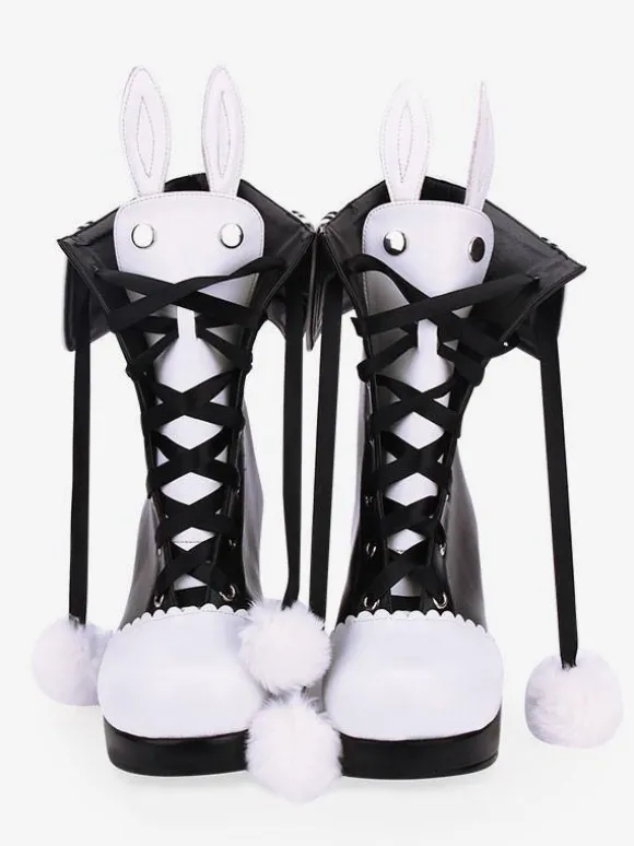 Bottes classiques lolita chaussures lolita pom pom lapin oreille deux tons talon chunky Déguisements Halloween