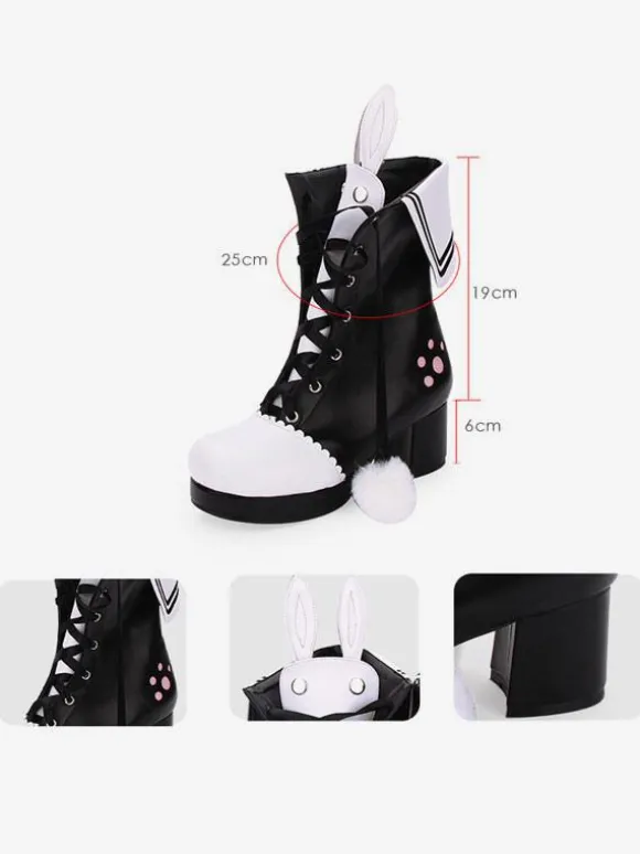 Bottes classiques lolita chaussures lolita pom pom lapin oreille deux tons talon chunky Déguisements Halloween