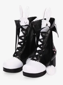 Bottes classiques lolita chaussures lolita pom pom lapin oreille deux tons talon chunky Déguisements Halloween