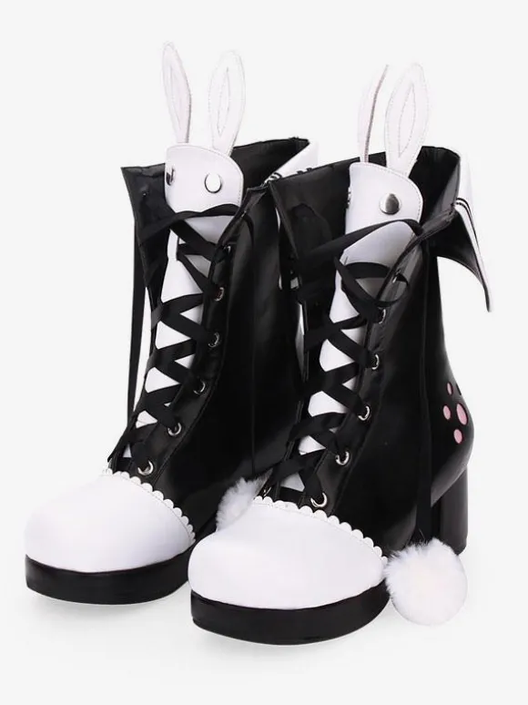 Bottes classiques lolita chaussures lolita pom pom lapin oreille deux tons talon chunky Déguisements Halloween