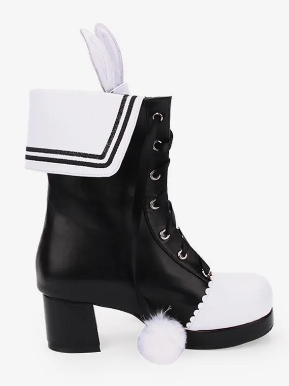 Bottes classiques lolita chaussures lolita pom pom lapin oreille deux tons talon chunky Déguisements Halloween