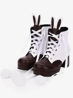 Bottes classiques lolita bottes oreille de lapin pom pom à deux tons chaussures chunky à talons hauts Lolita Déguisements Halloween