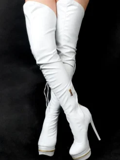 Bottes cuissardes à talons hauts pour femmes en cuir noir avec fermeture éclair à l'arrière bottes sexy montantes au-dessus du genou chaussures de soirée