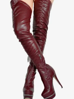 Bottes cuissardes à talons hauts pour femmes en cuir noir avec fermeture éclair à l'arrière bottes sexy montantes au-dessus du genou chaussures de soirée