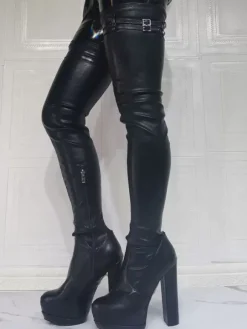 Bottes cuissardes à talons épais et plateforme pour femmes en noir