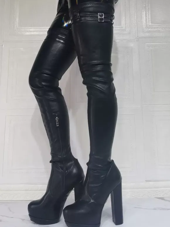 Bottes cuissardes à talons épais et plateforme pour femmes en noir