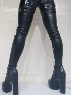 Bottes cuissardes à talons épais et plateforme pour femmes en noir