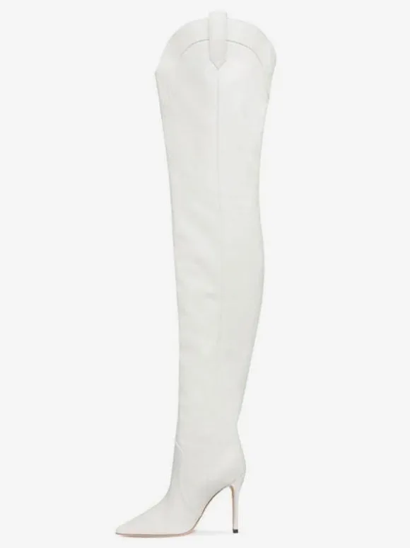 Bottes Cuissardes Blanches Femmes Bout Pointu Sur Le Genou Bottes Western