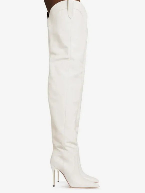 Bottes Cuissardes Blanches Femmes Bout Pointu Sur Le Genou Bottes Western