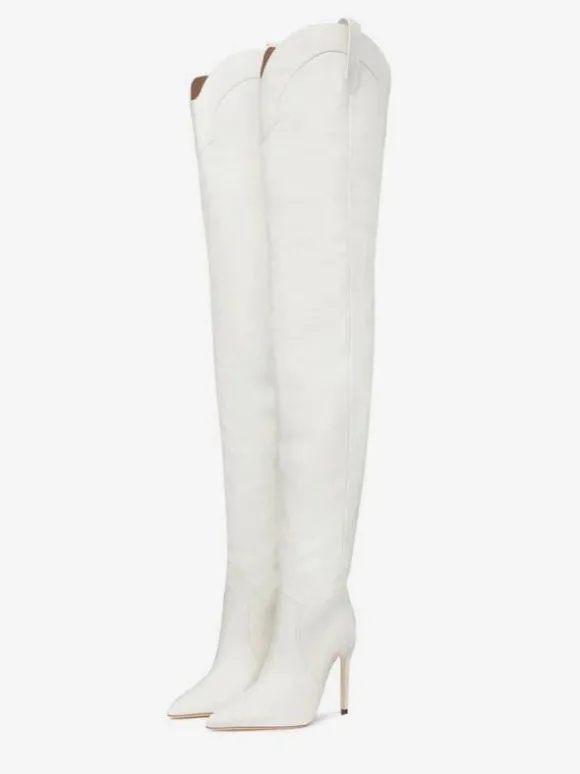 Bottes Cuissardes Blanches Femmes Bout Pointu Sur Le Genou Bottes Western