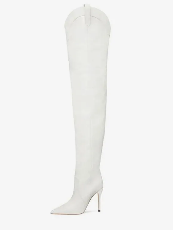 Bottes Cuissardes Blanches Femmes Bout Pointu Sur Le Genou Bottes Western