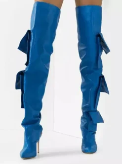 Bottes cuissardes bleues pour femmes bout pointu poches bride arrière cuissardes