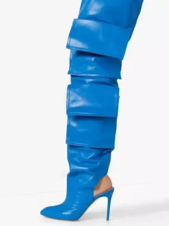 Bottes cuissardes bleues pour femmes bout pointu poches bride arrière cuissardes