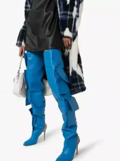 Bottes cuissardes bleues pour femmes bout pointu poches bride arrière cuissardes