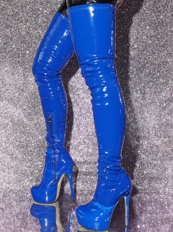 Bottes cuissardes bleues sexy à plateforme et talons hauts au-dessus du genou