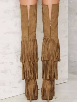Bottes cuissardes en daim pour femmes bout pointu talon haut cuissardes à pompons